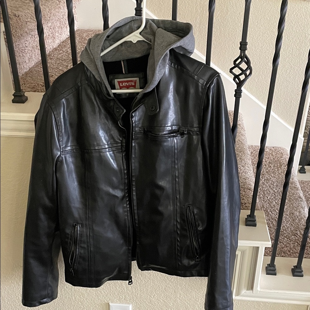 Levi's Black Faux Leather Jacket with Gray Hood